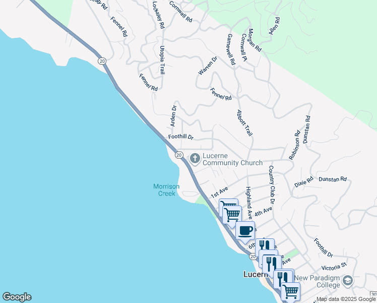 map of restaurants, bars, coffee shops, grocery stores, and more near 5867 Grove Street in Lucerne
