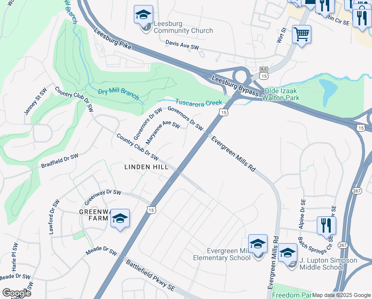 map of restaurants, bars, coffee shops, grocery stores, and more near 1016 Tuscarora Drive Southwest in Leesburg