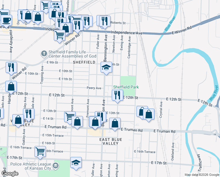 map of restaurants, bars, coffee shops, grocery stores, and more near 1020 Newton Avenue in Kansas City