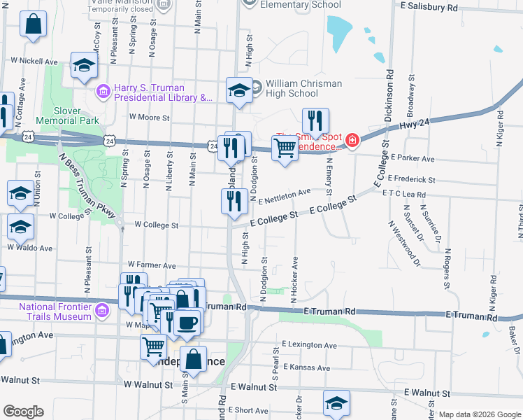 map of restaurants, bars, coffee shops, grocery stores, and more near in Independence