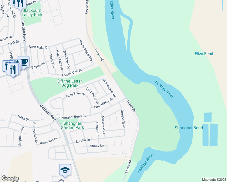 map of restaurants, bars, coffee shops, grocery stores, and more near 2159 Stonewater Drive in Yuba City