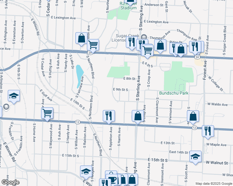 map of restaurants, bars, coffee shops, grocery stores, and more near 910 South Appleton Avenue in Independence
