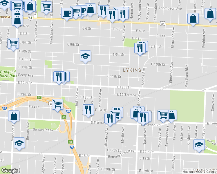 map of restaurants, bars, coffee shops, grocery stores, and more near 1201 Cleveland Avenue in Kansas City