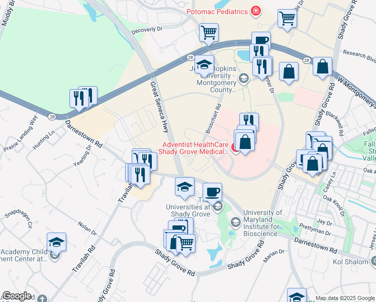 map of restaurants, bars, coffee shops, grocery stores, and more near 9950 Medical Center Drive in Rockville