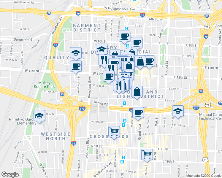map of restaurants, bars, coffee shops, grocery stores, and more near 1301 Wyandotte Street in Kansas City