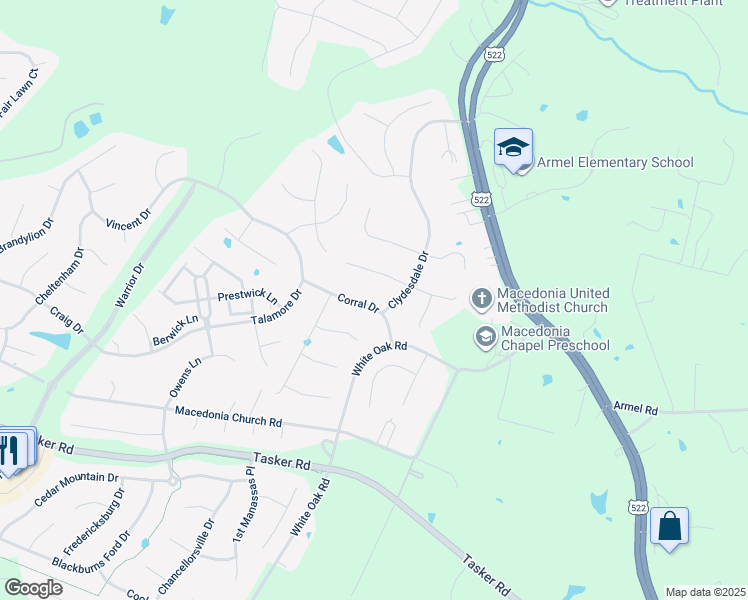 map of restaurants, bars, coffee shops, grocery stores, and more near 110 Corral Drive in Stephens City