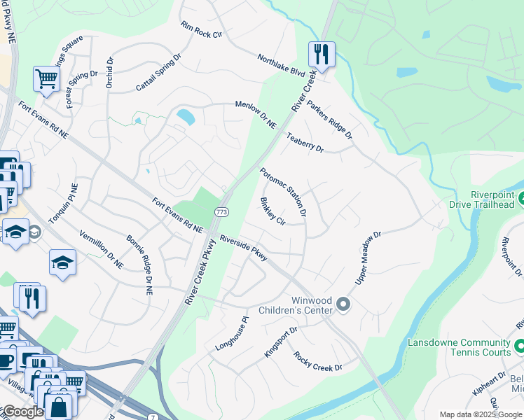 map of restaurants, bars, coffee shops, grocery stores, and more near 43121 Binkley Circle in Leesburg