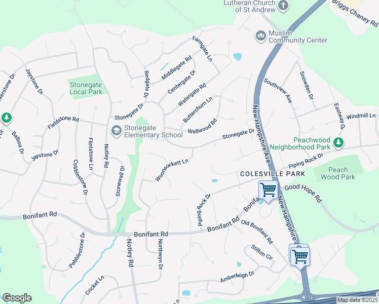 map of restaurants, bars, coffee shops, grocery stores, and more near 100 Stonegate Drive in Silver Spring