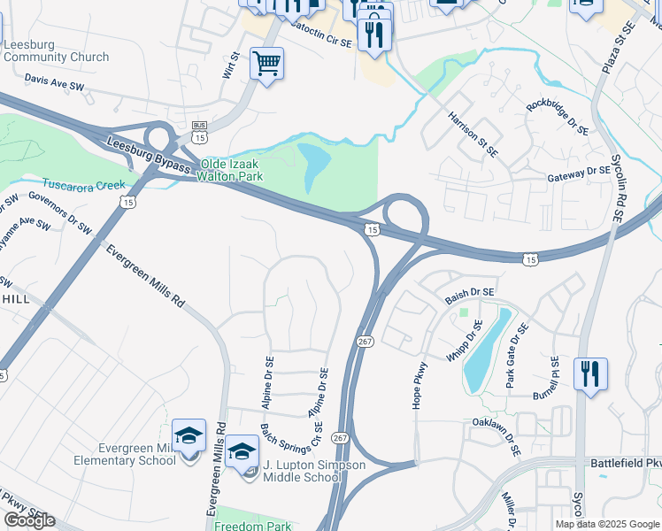 map of restaurants, bars, coffee shops, grocery stores, and more near 179 Alpine Drive Southeast in Leesburg