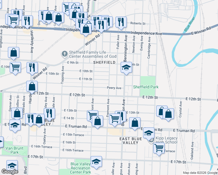 map of restaurants, bars, coffee shops, grocery stores, and more near 1111 Fremont Avenue in Kansas City