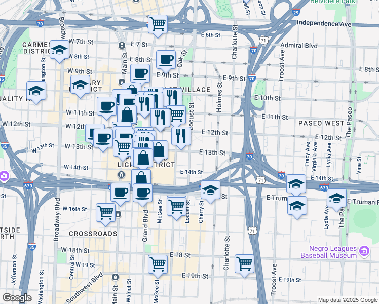 map of restaurants, bars, coffee shops, grocery stores, and more near 1300 Locust Street in Kansas City