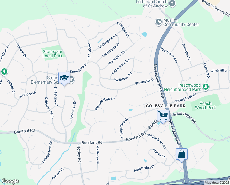 map of restaurants, bars, coffee shops, grocery stores, and more near 100 Stonegate Drive in Silver Spring