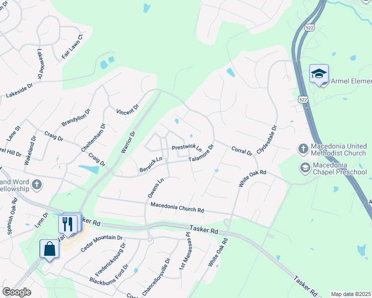 map of restaurants, bars, coffee shops, grocery stores, and more near 303 Prestwick Lane in Stephens City