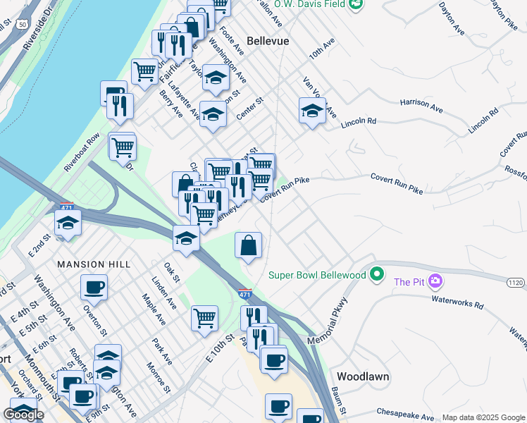 map of restaurants, bars, coffee shops, grocery stores, and more near 186 Covert Run Pike in Bellevue