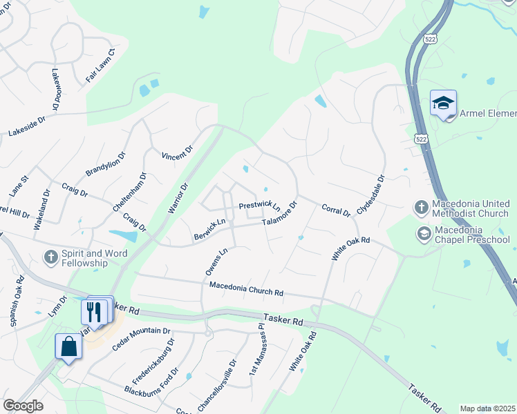 map of restaurants, bars, coffee shops, grocery stores, and more near 303 Prestwick Lane in Stephens City