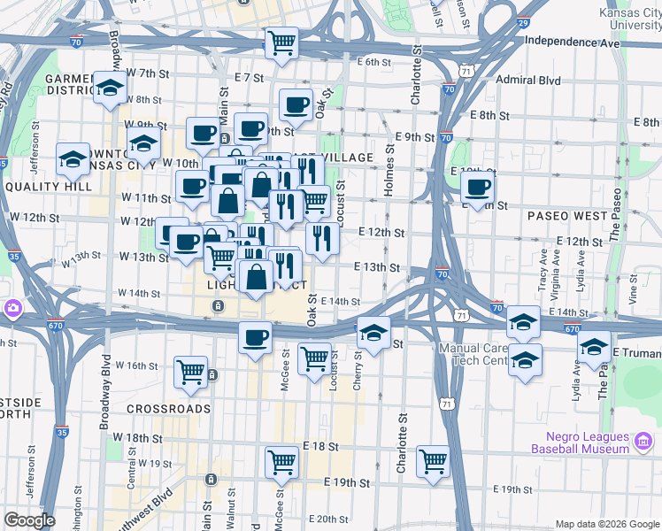 map of restaurants, bars, coffee shops, grocery stores, and more near 1300 Locust Street in Kansas City