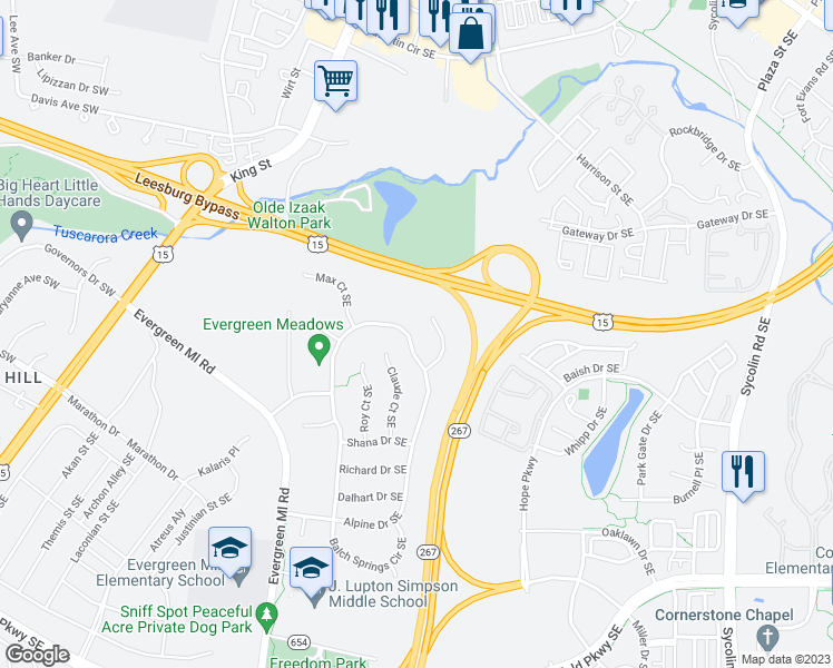 map of restaurants, bars, coffee shops, grocery stores, and more near 179 Alpine Drive Southeast in Leesburg