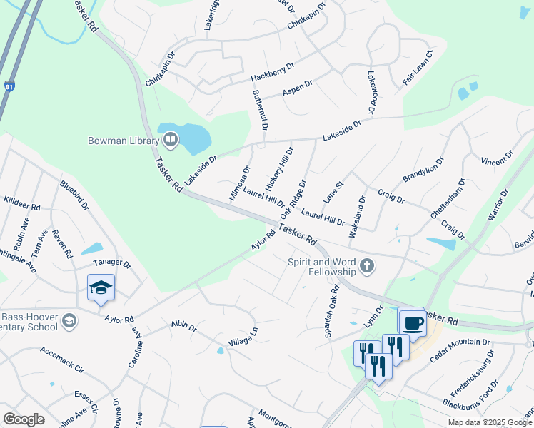 map of restaurants, bars, coffee shops, grocery stores, and more near 1087 Tasker Road in Stephens City