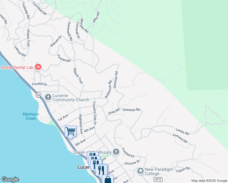 map of restaurants, bars, coffee shops, grocery stores, and more near 4095 Robinson Road in Lucerne