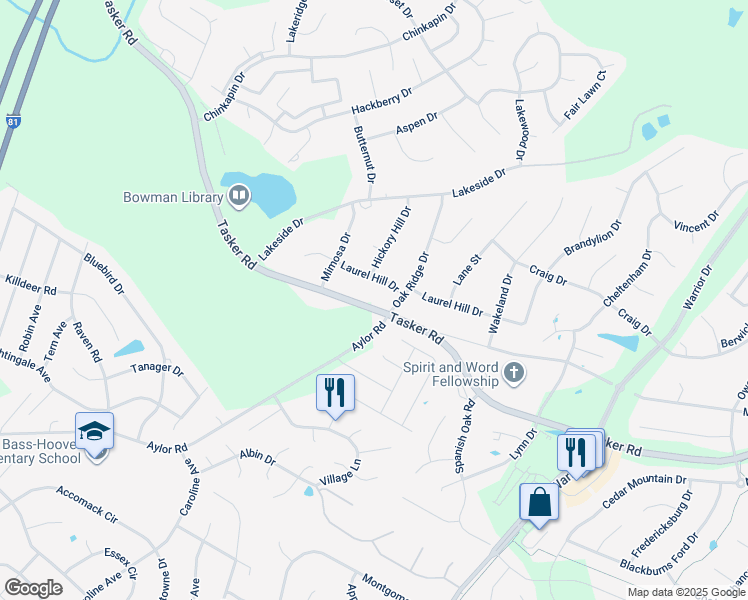 map of restaurants, bars, coffee shops, grocery stores, and more near 1087 Tasker Road in Stephens City