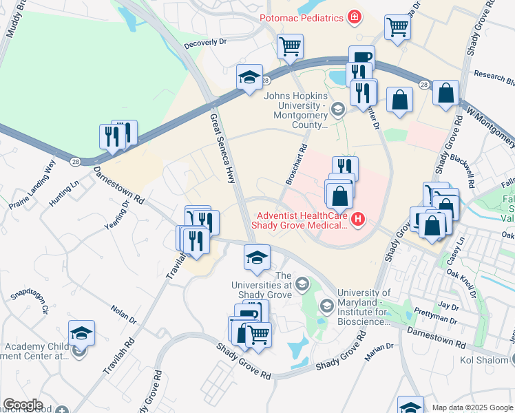 map of restaurants, bars, coffee shops, grocery stores, and more near 9950 Medical Center Drive in Rockville