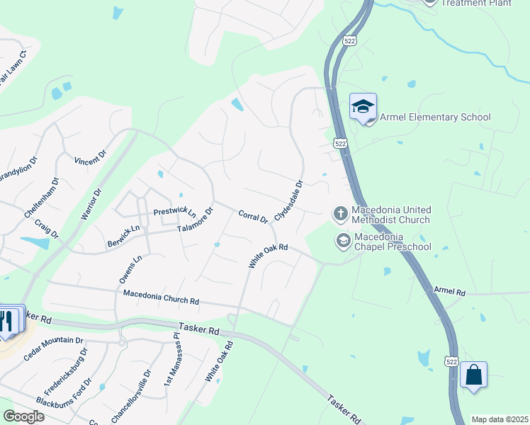 map of restaurants, bars, coffee shops, grocery stores, and more near 110 Corral Drive in Stephens City