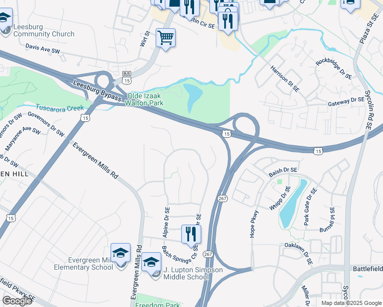 map of restaurants, bars, coffee shops, grocery stores, and more near 186 Alpine Drive Southeast in Leesburg