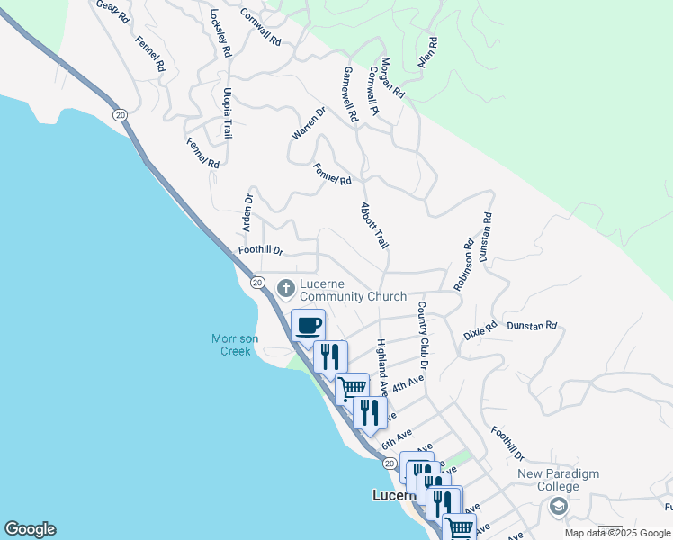 map of restaurants, bars, coffee shops, grocery stores, and more near 4621 Foothill Drive in Lucerne
