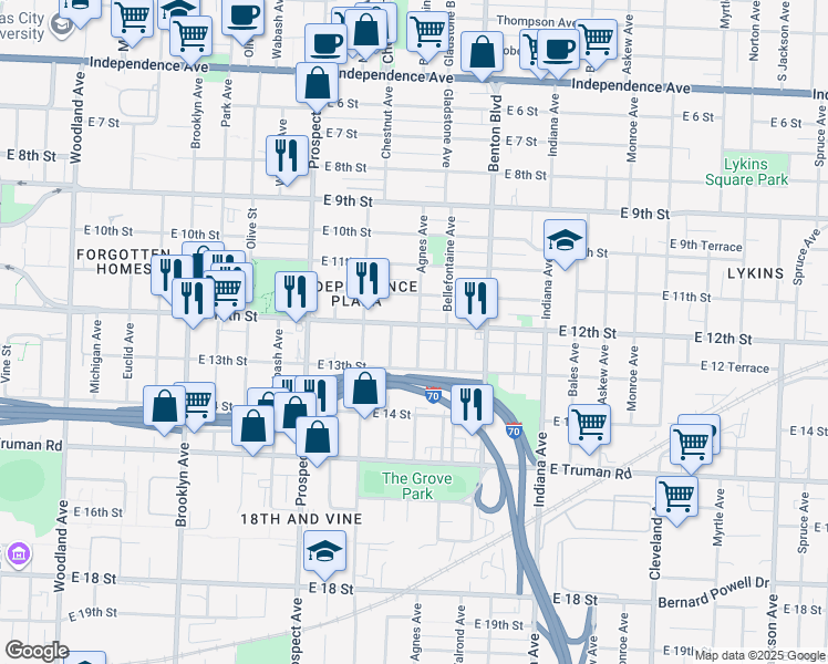 map of restaurants, bars, coffee shops, grocery stores, and more near 2824 East 12th Street in Kansas City