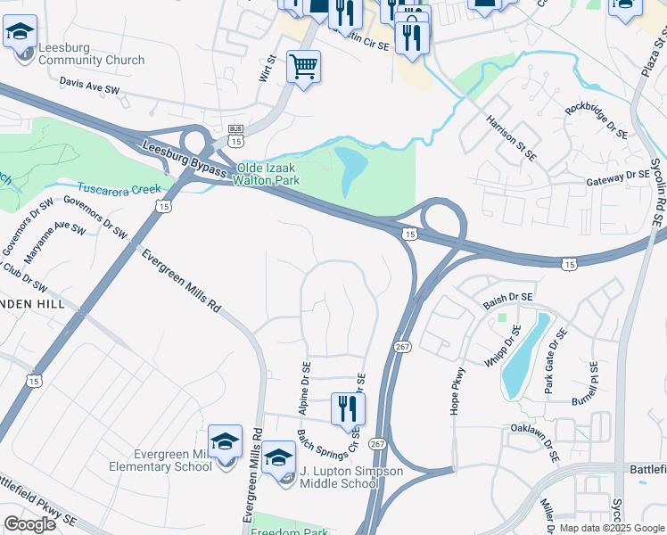 map of restaurants, bars, coffee shops, grocery stores, and more near 192 Alpine Drive Southeast in Leesburg