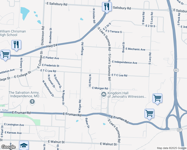 map of restaurants, bars, coffee shops, grocery stores, and more near 1702 East T C Lea Road in Independence