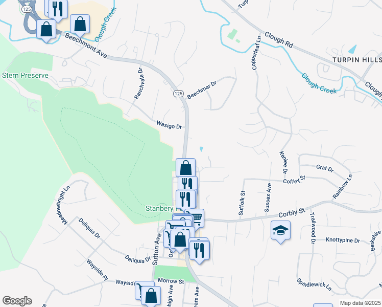 map of restaurants, bars, coffee shops, grocery stores, and more near 2354 Ohio 125 in Cincinnati