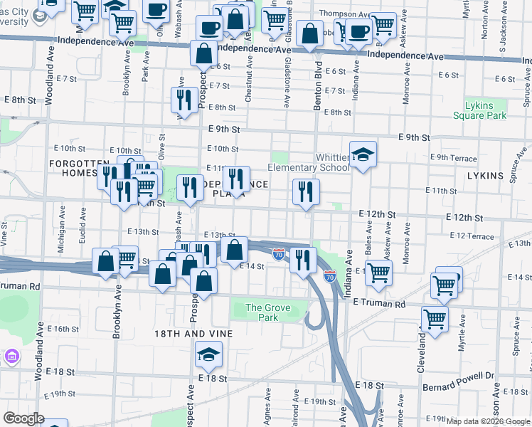 map of restaurants, bars, coffee shops, grocery stores, and more near 2824 East 12th Street in Kansas City