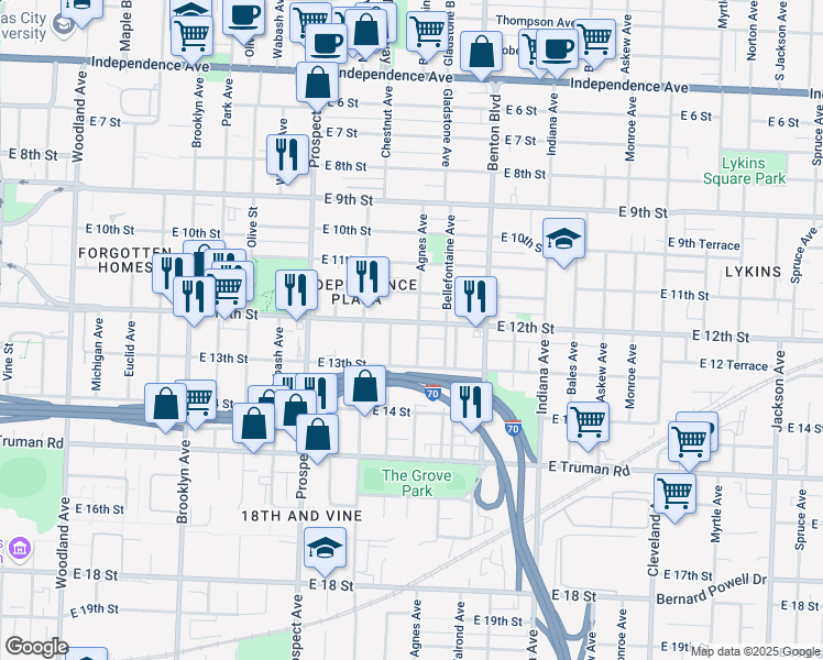 map of restaurants, bars, coffee shops, grocery stores, and more near 2824 East 12th Street in Kansas City