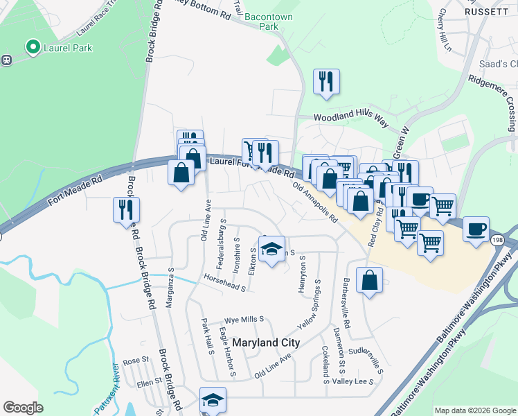 map of restaurants, bars, coffee shops, grocery stores, and more near 3372 Old Line Avenue in Laurel