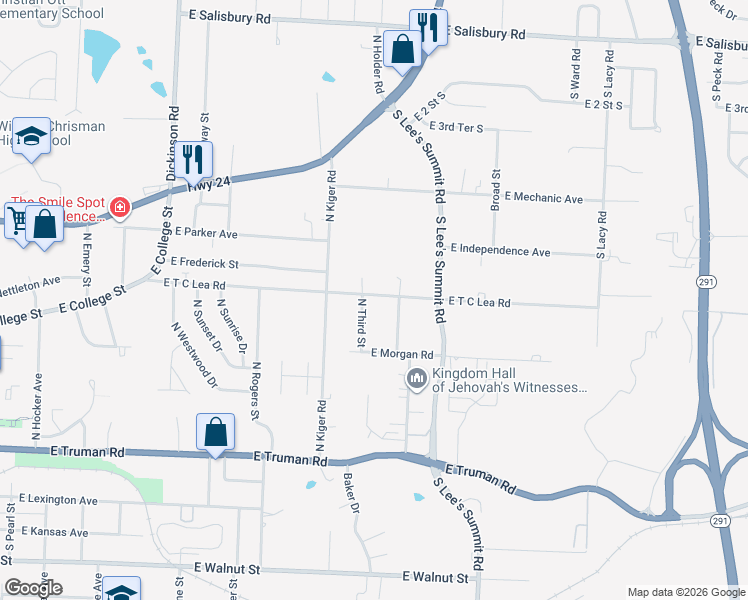map of restaurants, bars, coffee shops, grocery stores, and more near 1702 East T C Lea Road in Independence