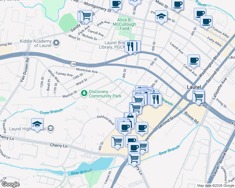map of restaurants, bars, coffee shops, grocery stores, and more near 1005 7th Street in Laurel