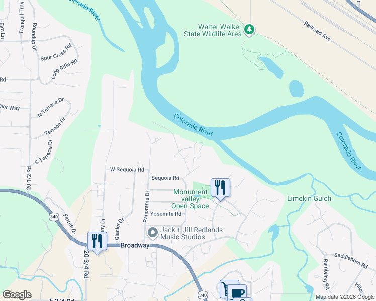 map of restaurants, bars, coffee shops, grocery stores, and more near 2128 Canyon Wren Court in Grand Junction