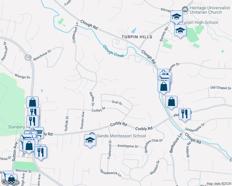 map of restaurants, bars, coffee shops, grocery stores, and more near 2416 Findlater Court in Cincinnati