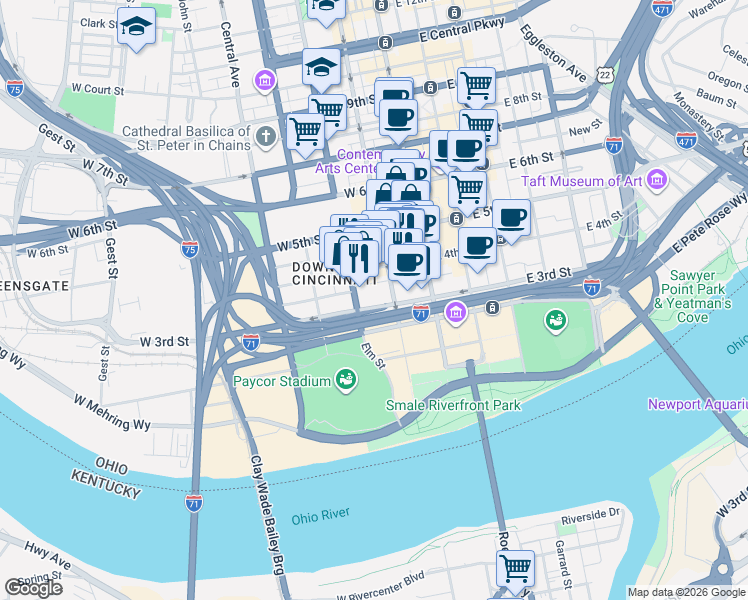 map of restaurants, bars, coffee shops, grocery stores, and more near 321 Race Street in Cincinnati