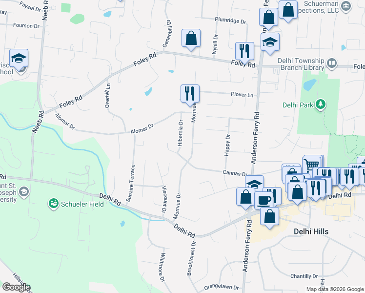 map of restaurants, bars, coffee shops, grocery stores, and more near 492 Hibernia Drive in Cincinnati