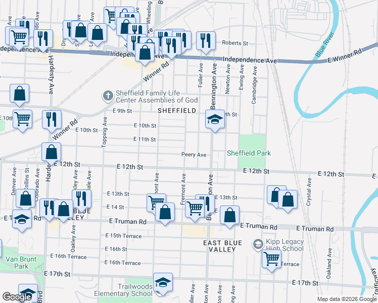 map of restaurants, bars, coffee shops, grocery stores, and more near 1111 Fremont Avenue in Kansas City