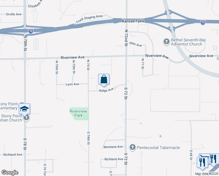 map of restaurants, bars, coffee shops, grocery stores, and more near 7226 Ridge Avenue in Kansas City