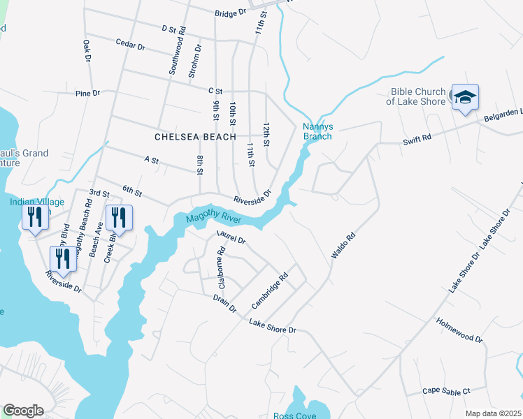 map of restaurants, bars, coffee shops, grocery stores, and more near 619 Riverside Drive in Pasadena