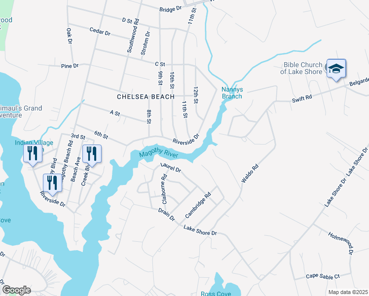 map of restaurants, bars, coffee shops, grocery stores, and more near 619 Riverside Drive in Pasadena