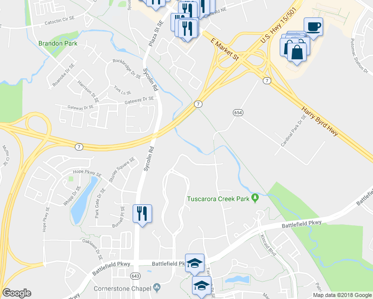map of restaurants, bars, coffee shops, grocery stores, and more near 611 Beauregard Dr SE in Leesburg