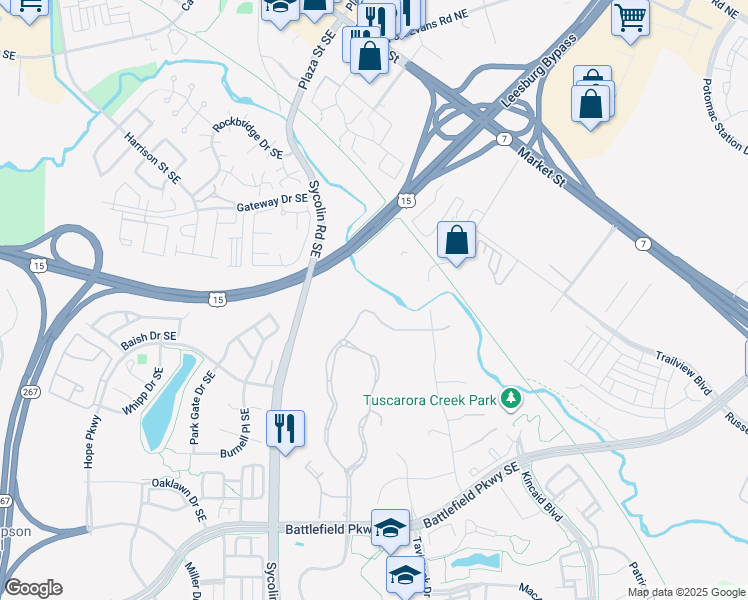 map of restaurants, bars, coffee shops, grocery stores, and more near 611 Beauregard Dr SE in Leesburg