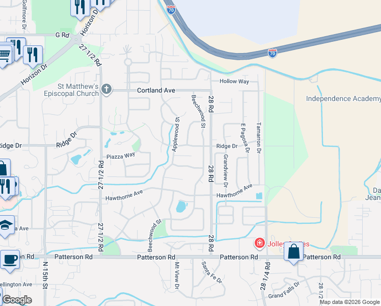 map of restaurants, bars, coffee shops, grocery stores, and more near 2415 Ridge Drive in Grand Junction