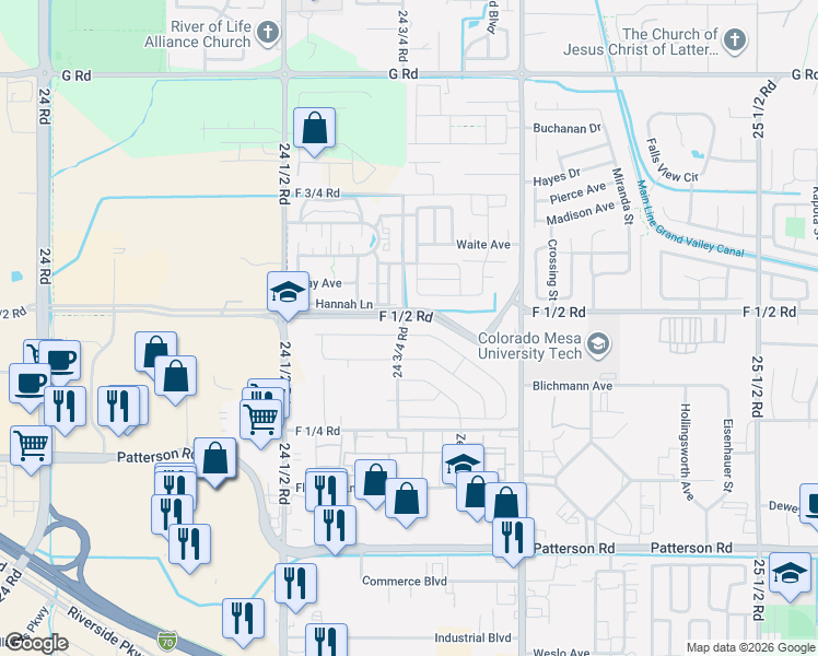 map of restaurants, bars, coffee shops, grocery stores, and more near 24 3/4 Road in Grand Junction
