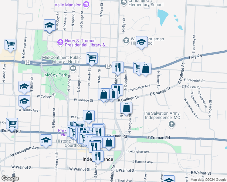 map of restaurants, bars, coffee shops, grocery stores, and more near 800 North Noland Road in Independence